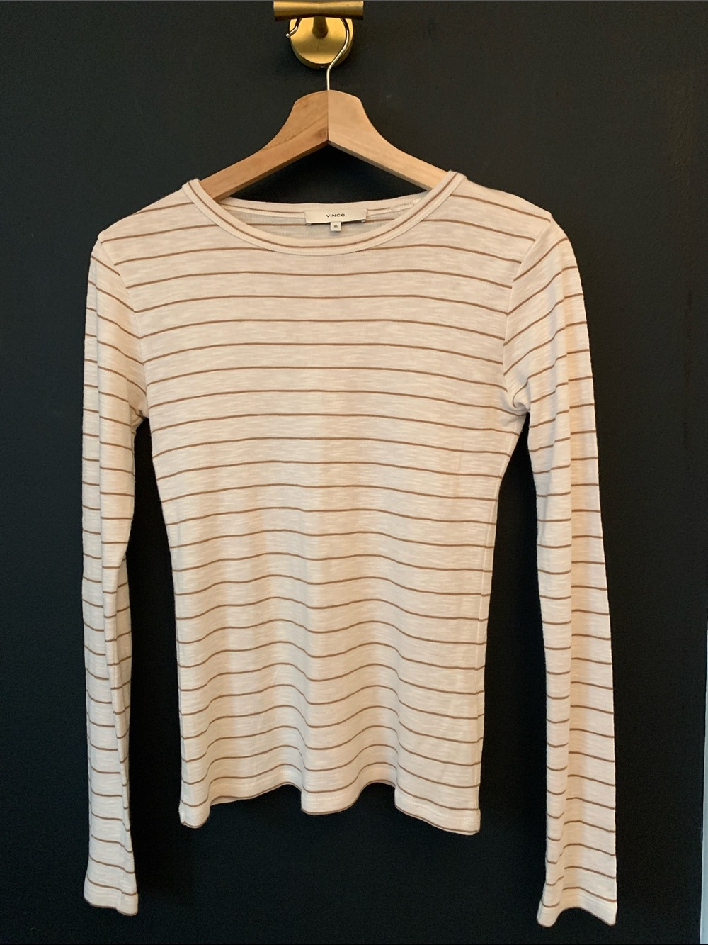 Vince Cream Long-Sleeve Tee with Brown Pinstripes